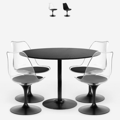 Set 4 zwarte polycarbonaat stoelen en een ronde Tulipan keukentafel 120cm Haki+  Aanbieding