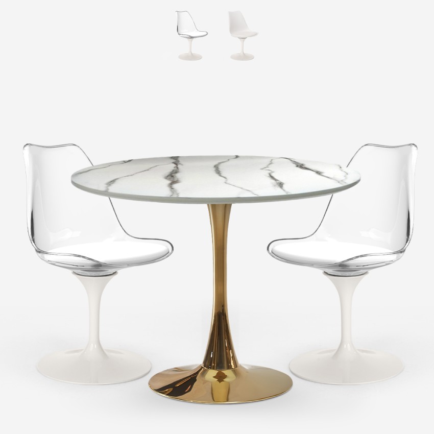 Table ronde 80cm Tulipan effet marbre doré 2 chaises blanc Saidu Promotion