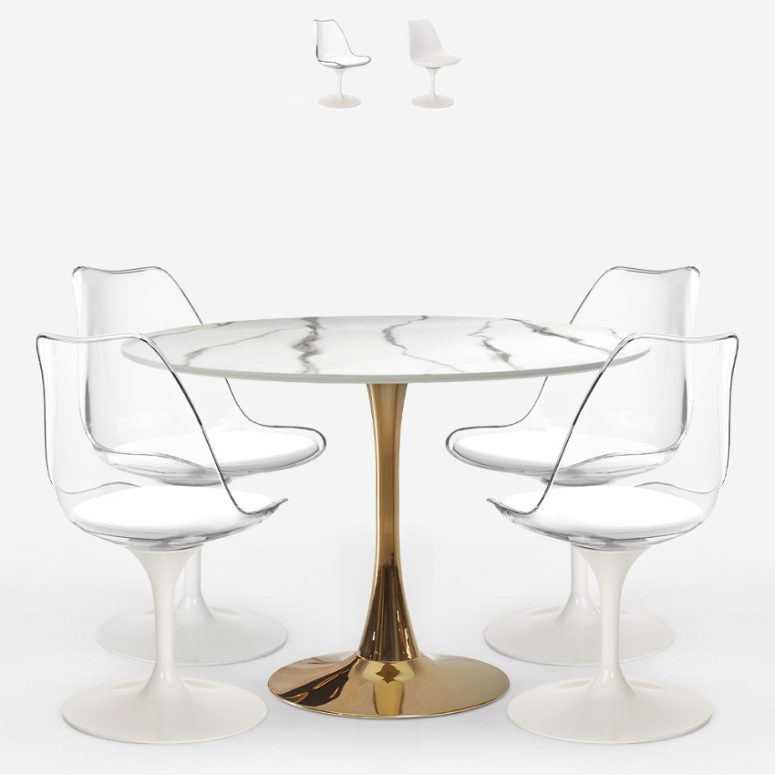 Table effet marbre ronde 120 cm + 4 chaises Tulipan blanches Saidu+ Vente