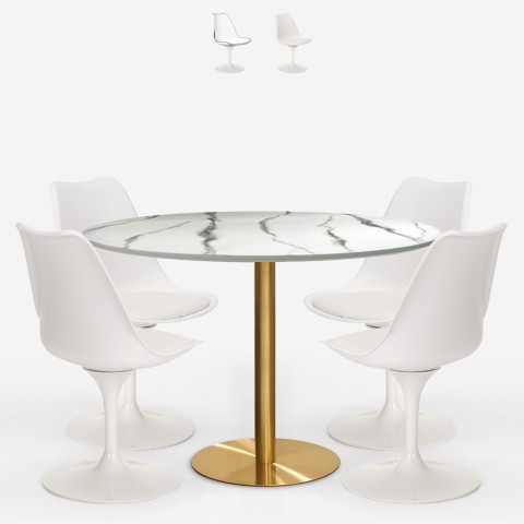 Table effet marbre Tulipan blanc 120cm or + 4 chaises Vixan+ Promotion