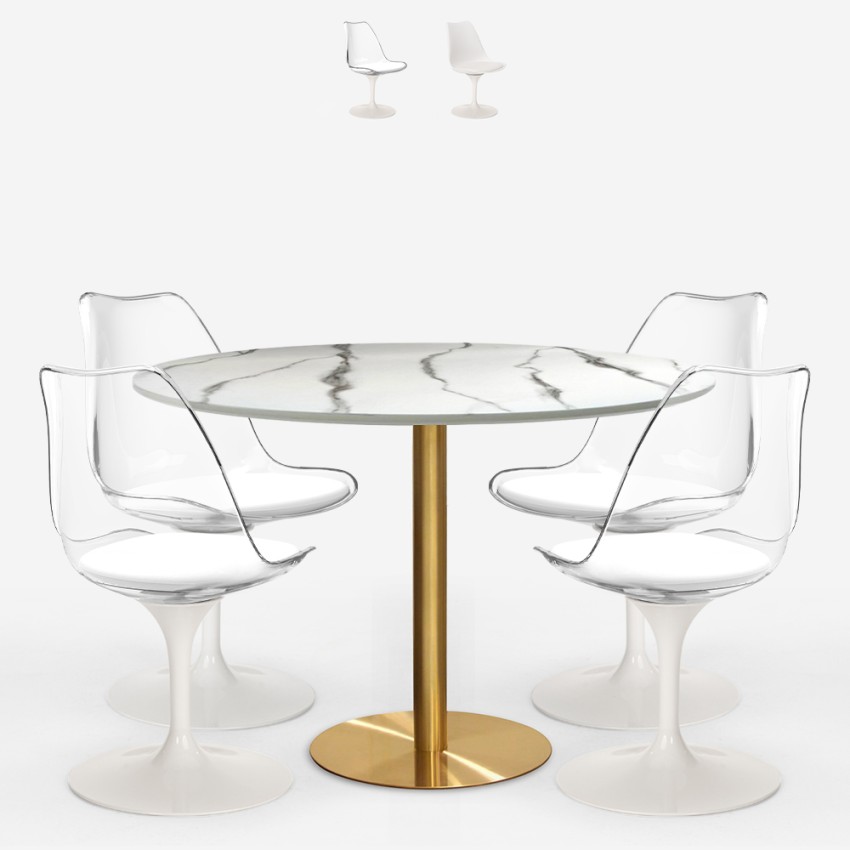 Table effet marbre Tulipan blanc 120cm or + 4 chaises Vixan+ Vente