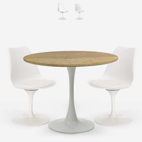 Table blanche bois ronde 80cm + 2 chaises cuisine Meis Promotion