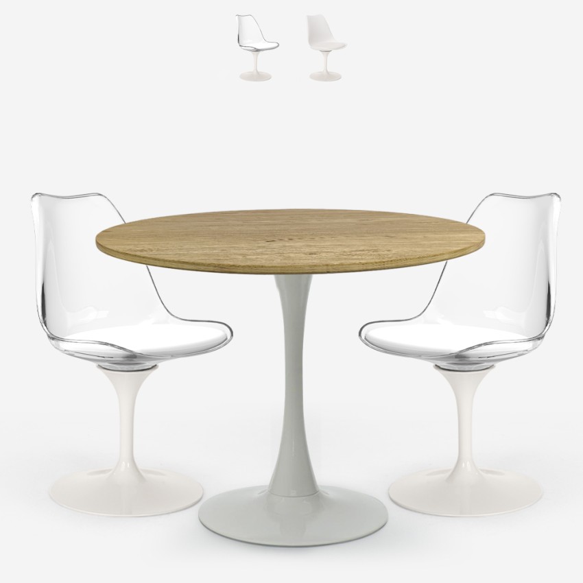 Table blanche bois ronde 80cm + 2 chaises cuisine Meis Vente