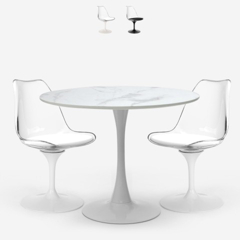 Table ronde 80cm Tulipan effet marbre + 2 chaises blanc noir Liwat Promotion