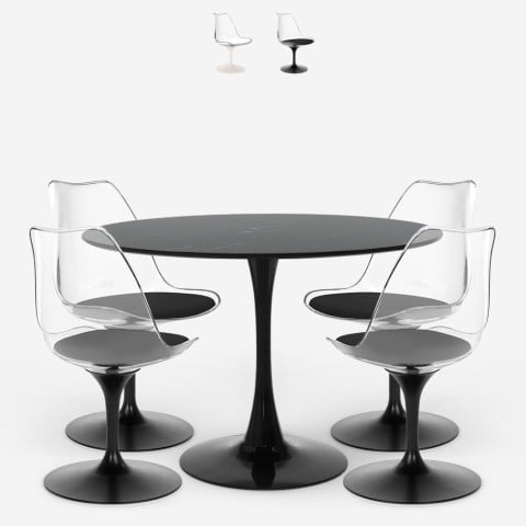 Table ronde 120cm + 4 chaises Tulipe  blanc noir effet marbre Liwat+ Promotion