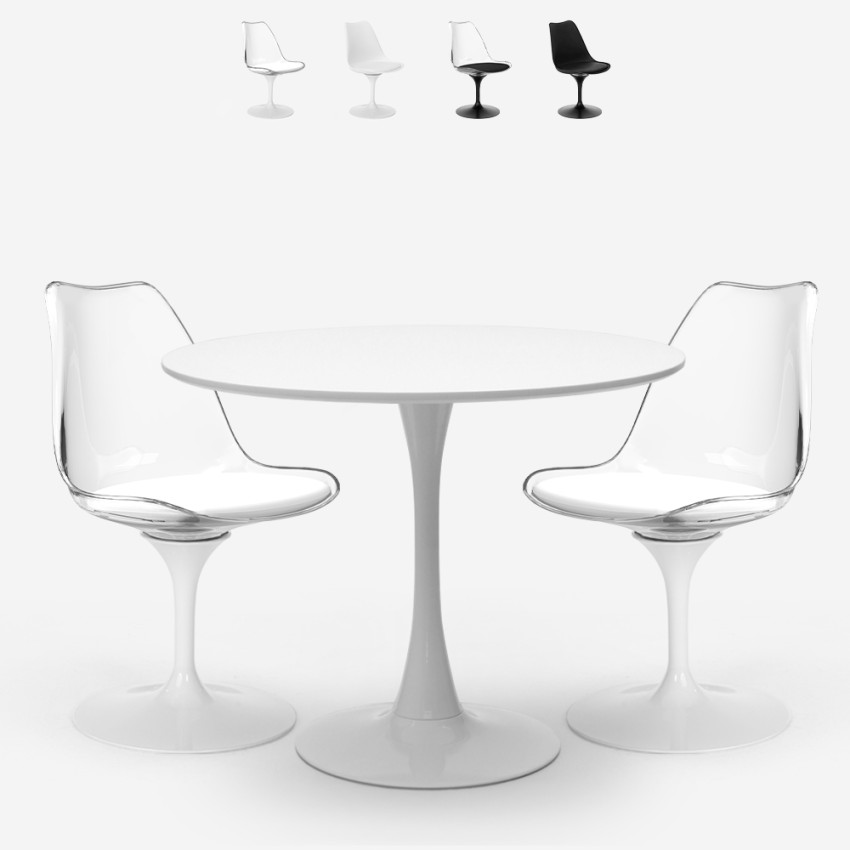 Table ronde 60cm + 2 chaises Tulipan transparentes blanc noir Nuit Promotion