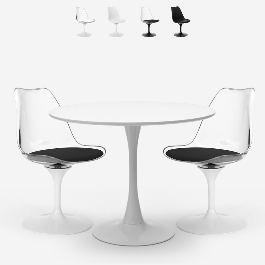 Seriq Table de salon cuisine ronde 70cm + 2 chaises Tulipan blanc noir Promotion