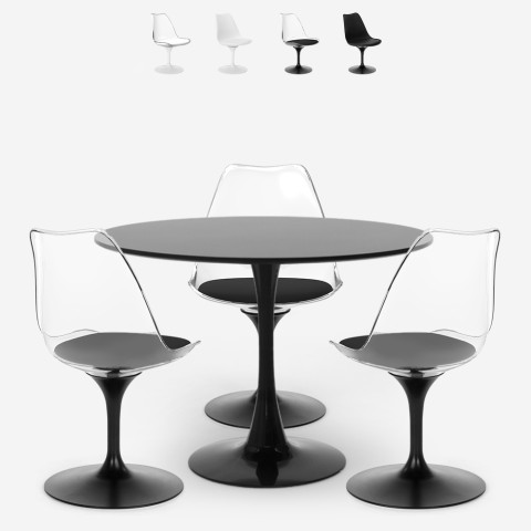 Set ronde Tulipan tafel 90cm wit zwart en 3 transparante stoelen Wasen Aanbieding