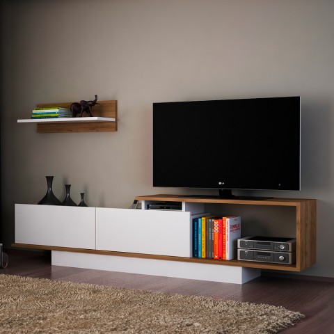 Meuble TV 180cm en bois blanc noyer avec porte et étagère murale Asos Promotion