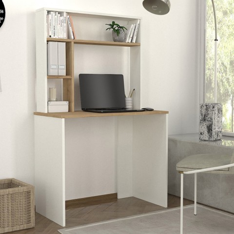 Bureau 90x45x148 cm blanc en bois avec étagères bibliothèque Ester Promotion