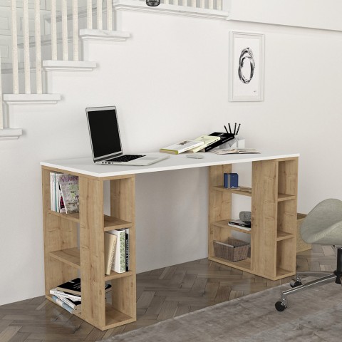 Bureau blanc en bois avec 6 étagères 140x60x75cm Leonardo Promotion