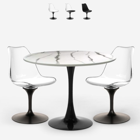 Table ronde 80cm effet marbre Tulipe + 2 chaises blanc noir Lapis Promotion