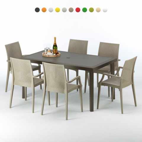 Rechthoekige salontafel bruin 150x90 cm met stalen onderstel en 6 gekleurde stoelen Focus Aanbieding
