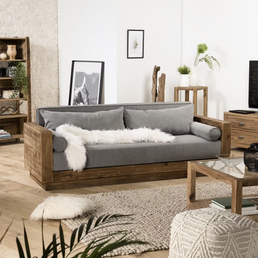 3-zits rustiek houten bankstel met grijze stoffen kussens 225x81x81 cm Morgan Aanbieding
