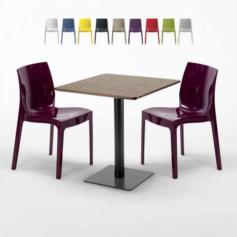 Vierkante Tafel 60x60 cm Houten Effect Top met 2 gekleurde stoelen Ice Kiss Aanbieding