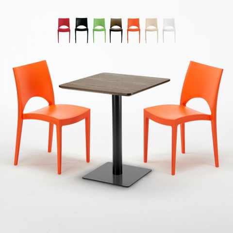 Table carrée 60x60 pied noir et plateau bois avec 2 chaises colorées Paris Kiss Promotion