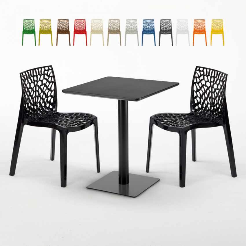 Vierkante salontafel zwart 60x60 cm met stalen onderstel en 2 gekleurde stoelen Paris Licorice Aanbieding