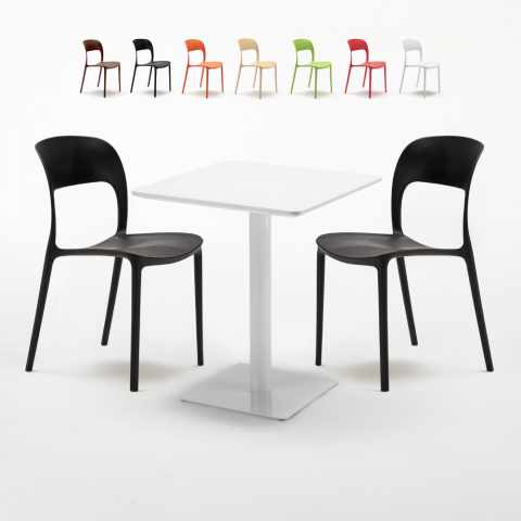 Table carrée 60x60 blanche avec 2 chaises colorées Restaurant Lemon