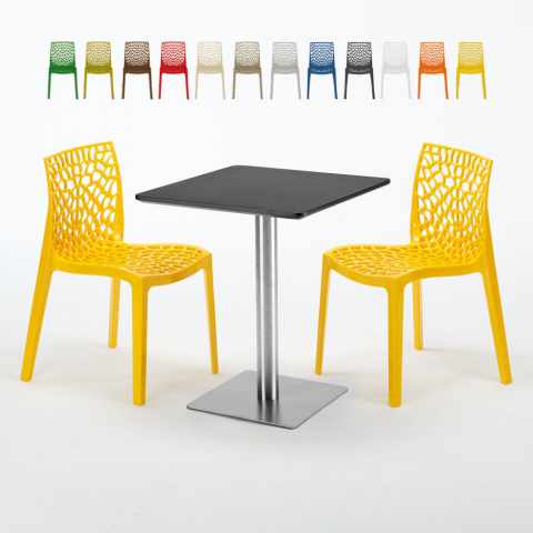 Table carrée 60x60 pied acier et plateau noir avec 2 chaises colorées Gruvyer Pistachio