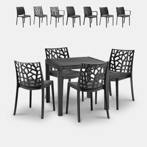 Set voor tuin vierkante tafel 80x80cm rattan 4 stoelen zwart Nisida Dark Aanbieding