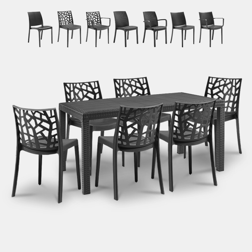 Tuinset tafel rattan 150x90cm 6 stoelen buiten zwart Meloria Dark Kortingen
