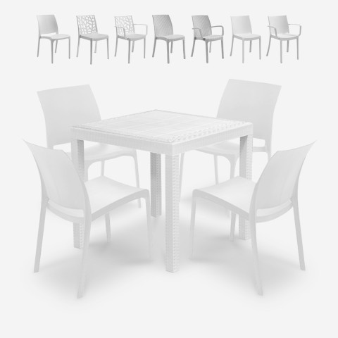 Set tafel tuin buiten 80x80cm rattan 4 stoelen wit Nisida Light Aanbieding