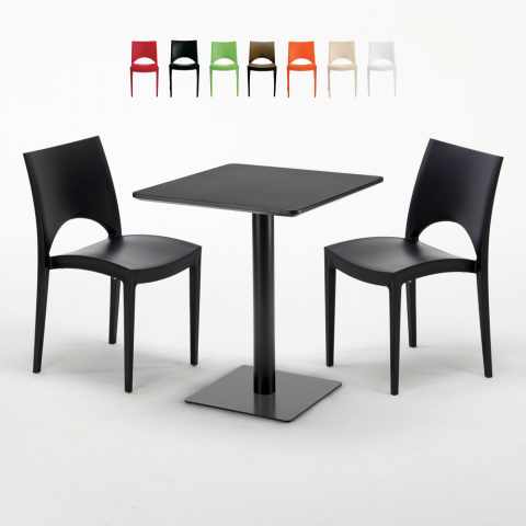 Vierkante salontafel zwart 60x60 cm met stalen onderstel en 2 gekleurde stoelen Paris Licorice Aanbieding