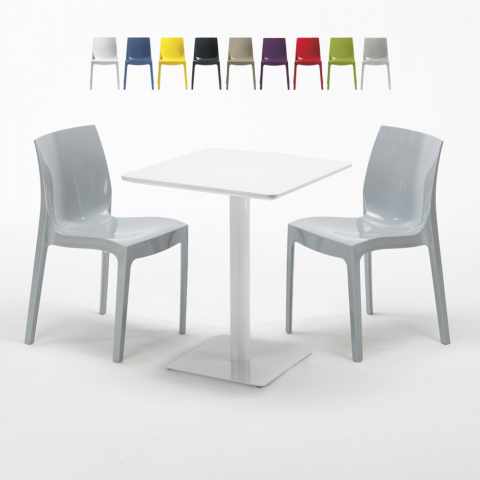 Table carrée 60x60 blanche avec 2 chaises colorées Ice Lemon