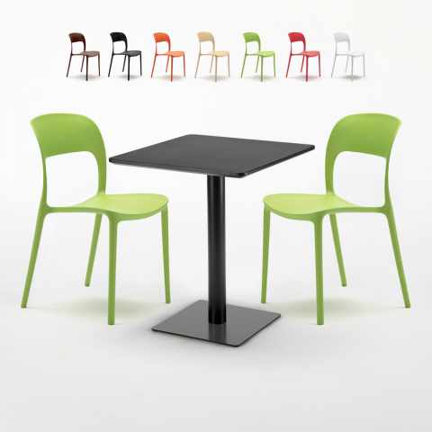 Table noire carrée 60x60 et deux chaises colorées Restaurant Licorice Promotion