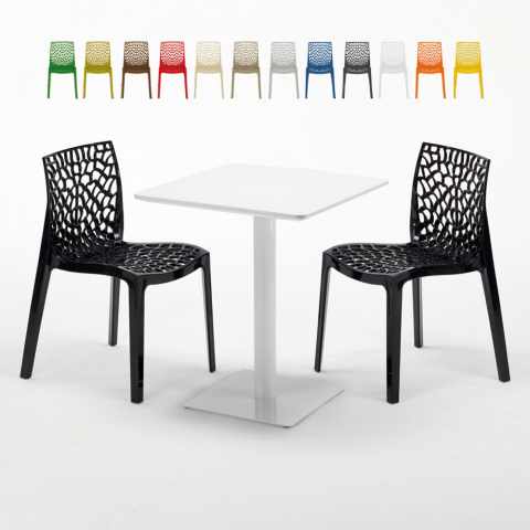 Table carrée 60x60 blanche avec 2 chaises colorées Gruvyer Lemon