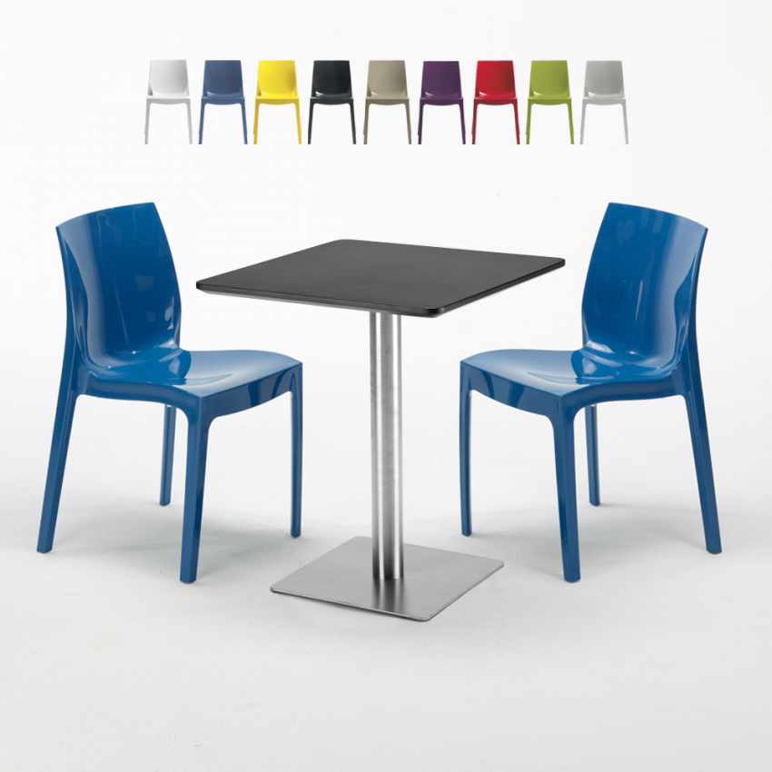 Vierkante tafel 60x60 cm stalen onderstel en zwart blad met 2 gekleurde stoelen Ice Pistachio Aanbieding Vierkante tafel 60x60 cm stalen onderstel en zwart blad met 2 gekleurde stoelen Ice Pistachio Aanbieding