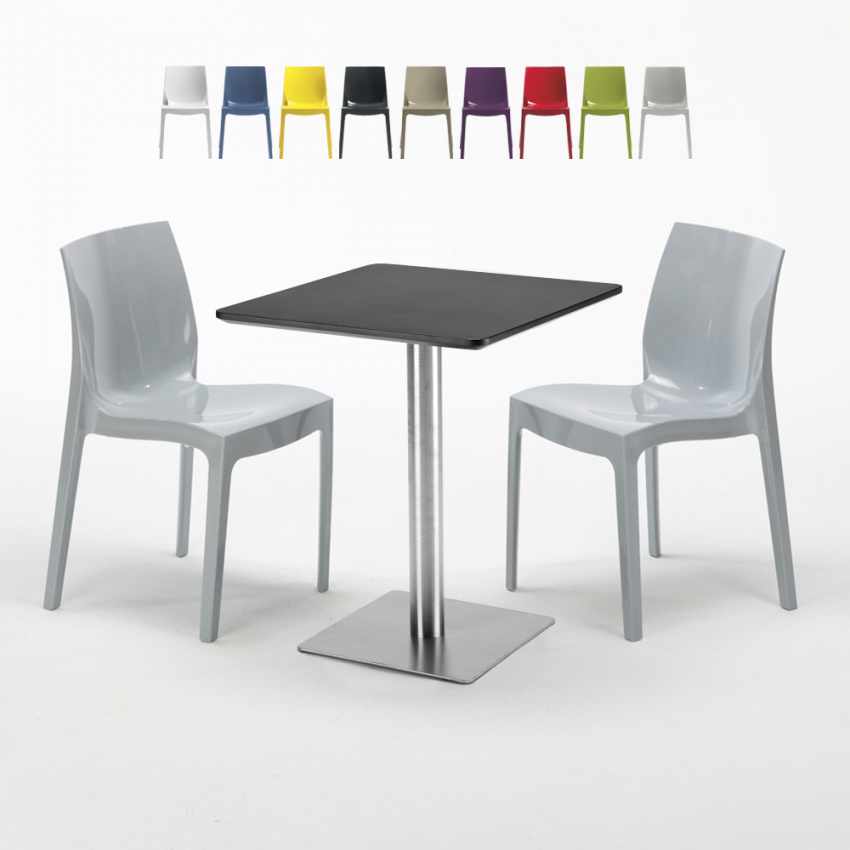 Table carrée 60x60 cm Base Argent E Top Noir Avec 2 Chaises Colorées Ice Pistachio Remises
