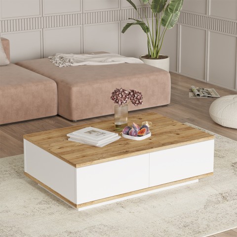 Table basse en bois blanche de salon avec 2 niches 90x60cm Tynne Promotion