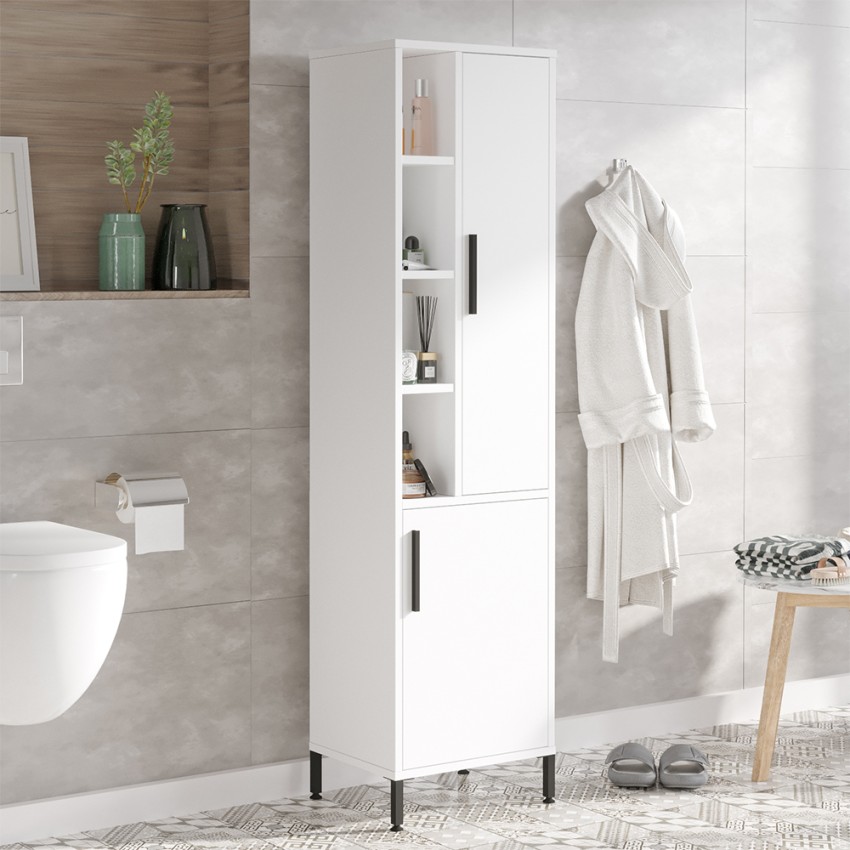 Armoire salle de bain blanche 2 portes avec étagères 45x36x184cm Femmy Promotion Armoire salle de bain blanche 2 portes avec étagères 45x36x184cm Femmy Promotion