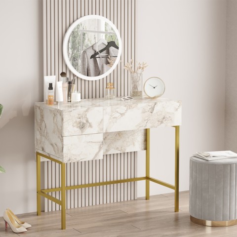 Coiffeuse Table de Maquillage avec miroir et tiroir marbre blanc pieds dorés Helier Promotion