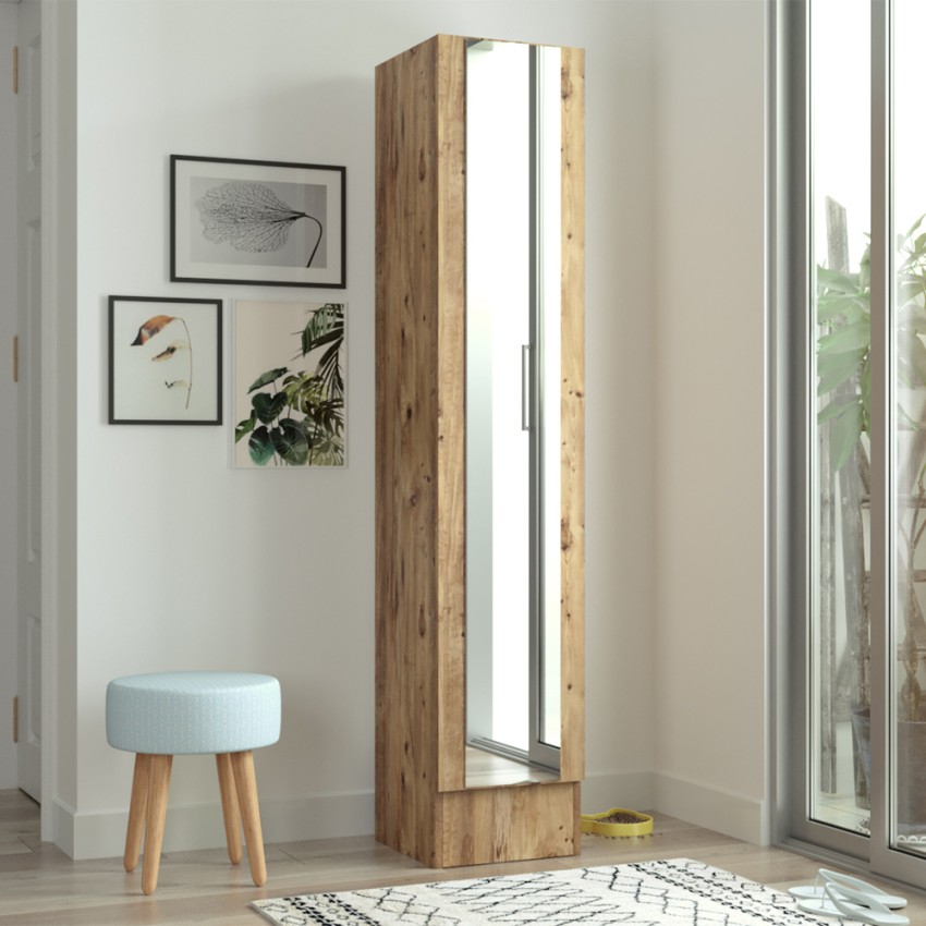 Armoire à chaussures en bois porte miroir 3 étagères 36x36x180cm Torge Promotion