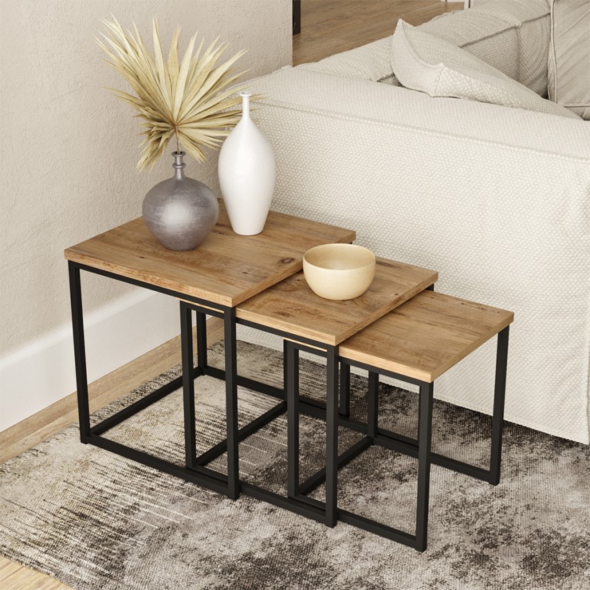 Set van 3 salontafels in industriële stijl van hout en zwart metaal Leron Aanbieding