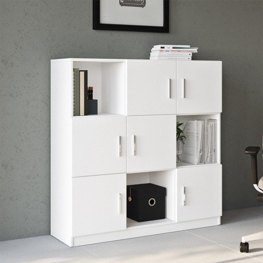Meuble bureau polyvalent bibliothèque 6 portes 120x38x122cm Kaspar  Promotion