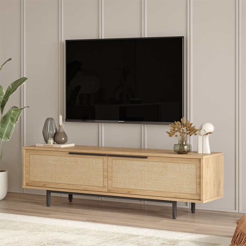Meuble TV de salon 160x36cm en bois 2 portes effet rotin Bayeaux Promotion Meuble TV de salon 160x36cm en bois 2 portes effet rotin Bayeaux Promotion