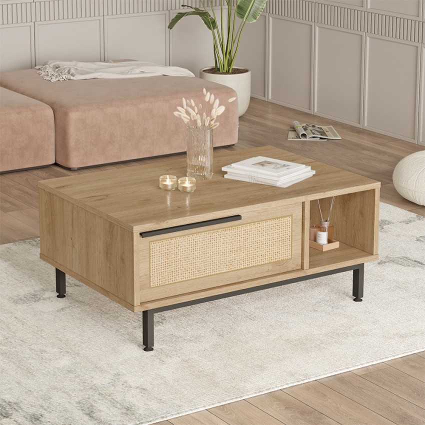 Salontafeltje met opbergruimte van hout en met rotaneffect 90x60 cm Micheau Aanbieding Salontafeltje met opbergruimte van hout en met rotaneffect 90x60 cm Micheau Aanbieding