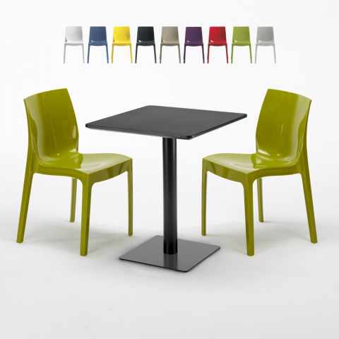 Vierkante salontafel zwart 60x60 cm met stalen onderstel en 2 gekleurde toelen Ice Licorice Aanbieding