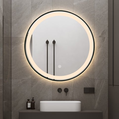 Miroir salle de bain led rond 80cm rétroéclairé cadre noir Smidmur XL Promotion