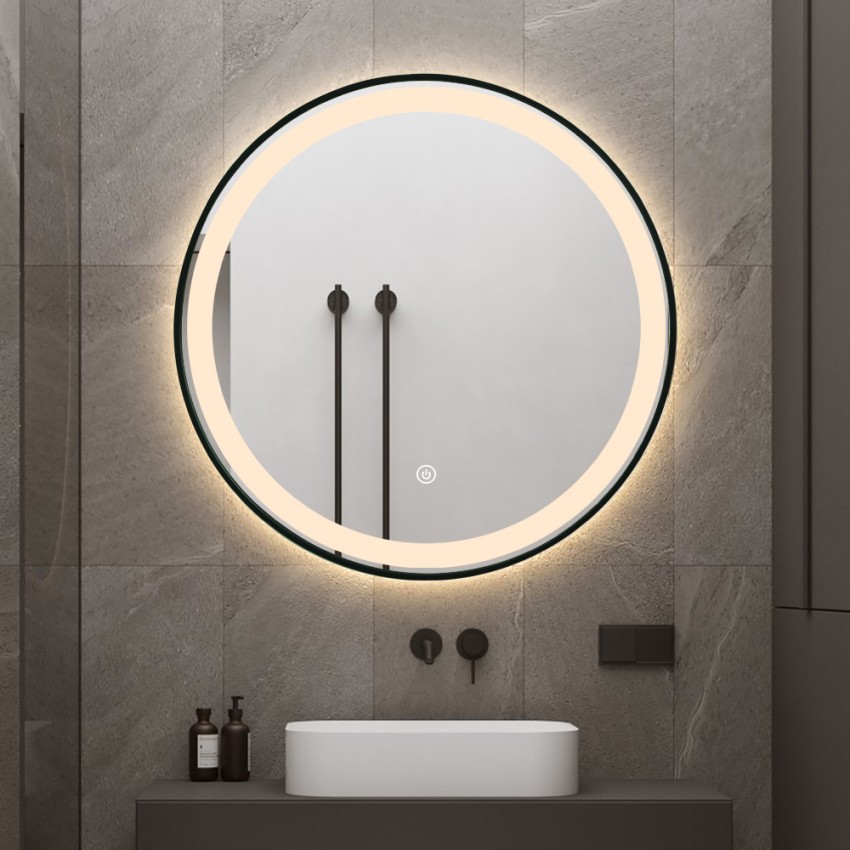 Ronde badkamerspiegel 80 cm met LED achtergrondverlichting en zwart frame Smidmur XL Aanbieding Ronde badkamerspiegel 80 cm met LED achtergrondverlichting en zwart frame Smidmur XL Aanbieding