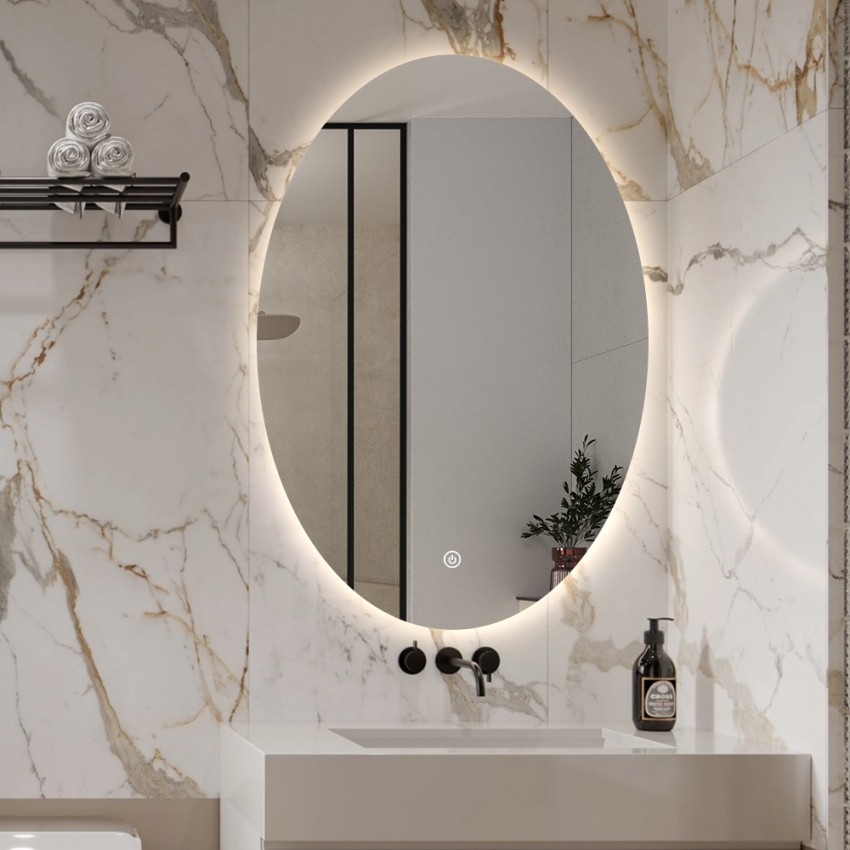 Ovale badkamerspiegel 60x80cm met verlichte led-achtergrond Sodin L Aanbieding Ovale badkamerspiegel 60x80cm met verlichte led-achtergrond Sodin L Aanbieding