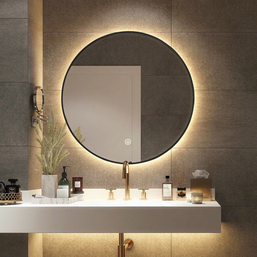 Miroir de salle de bain LED rond 70cm rétroéclairé cadre noir Laugarv L Promotion Miroir de salle de bain LED rond 70cm rétroéclairé cadre noir Laugarv L Promotion