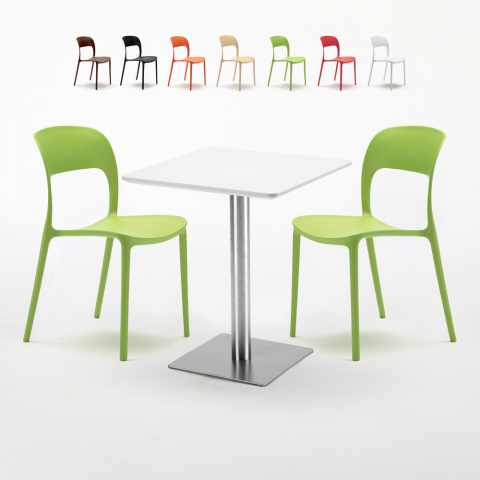 Table carrée 60x60 plateau blanc avec 2 chaises colorées Restaurant Hazelnut