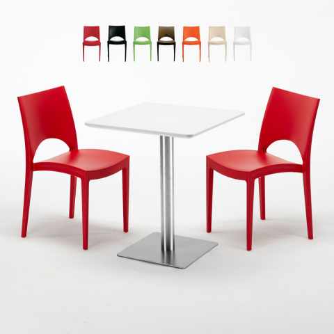Table carrée 60x60 plateau blanc avec 2 chaises colorées Paris Hazelnut Promotion