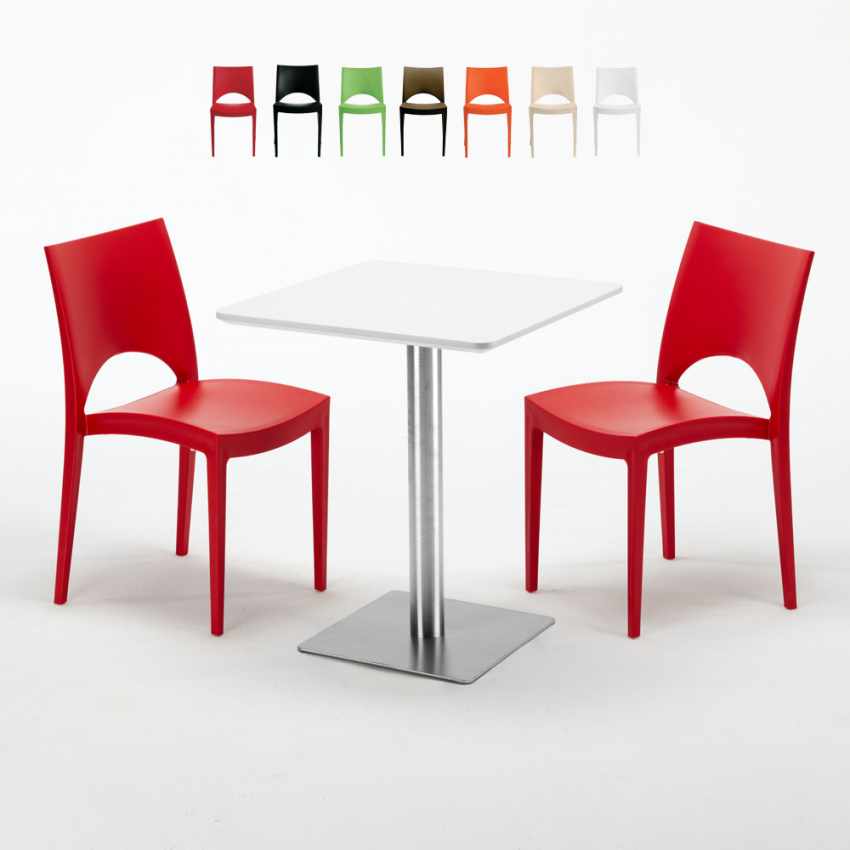 Vierkante tafel 60x60 cm zwarte poot en wit blad met 2 gekleurde stoelen Paris Hazelnut Aanbieding Vierkante tafel 60x60 cm zwarte poot en wit blad met 2 gekleurde stoelen Paris Hazelnut Aanbieding