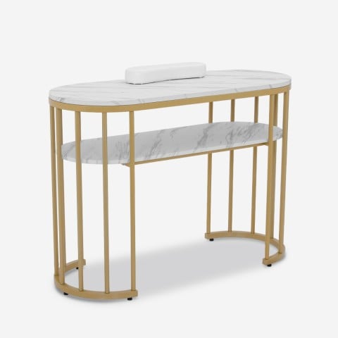 Table manucure effet marbre blanc métal doré 110x45x80cm Monika Promotion