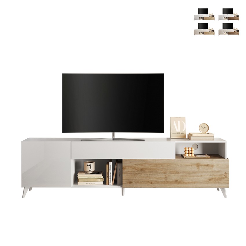Moderne witte houten TV-meubel Clere met lade en 2 deuren 241x42x67cm Aanbieding Moderne witte houten TV-meubel Clere met lade en 2 deuren 241x42x67cm Aanbieding